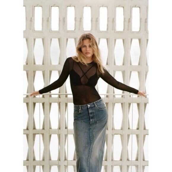 Mango Black Sheer Mesh Long Sleeve Bra Top Semi Transparent Shirt Size Small EUC - Picture 1 of 7